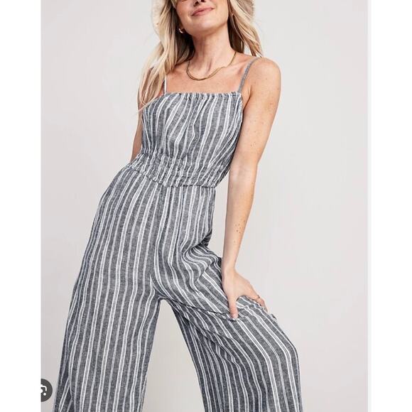 NWT Linen-Blend Cami Wide-Leg Jumpsuit Navy White Striped Size Medium - Picture 1 of 13